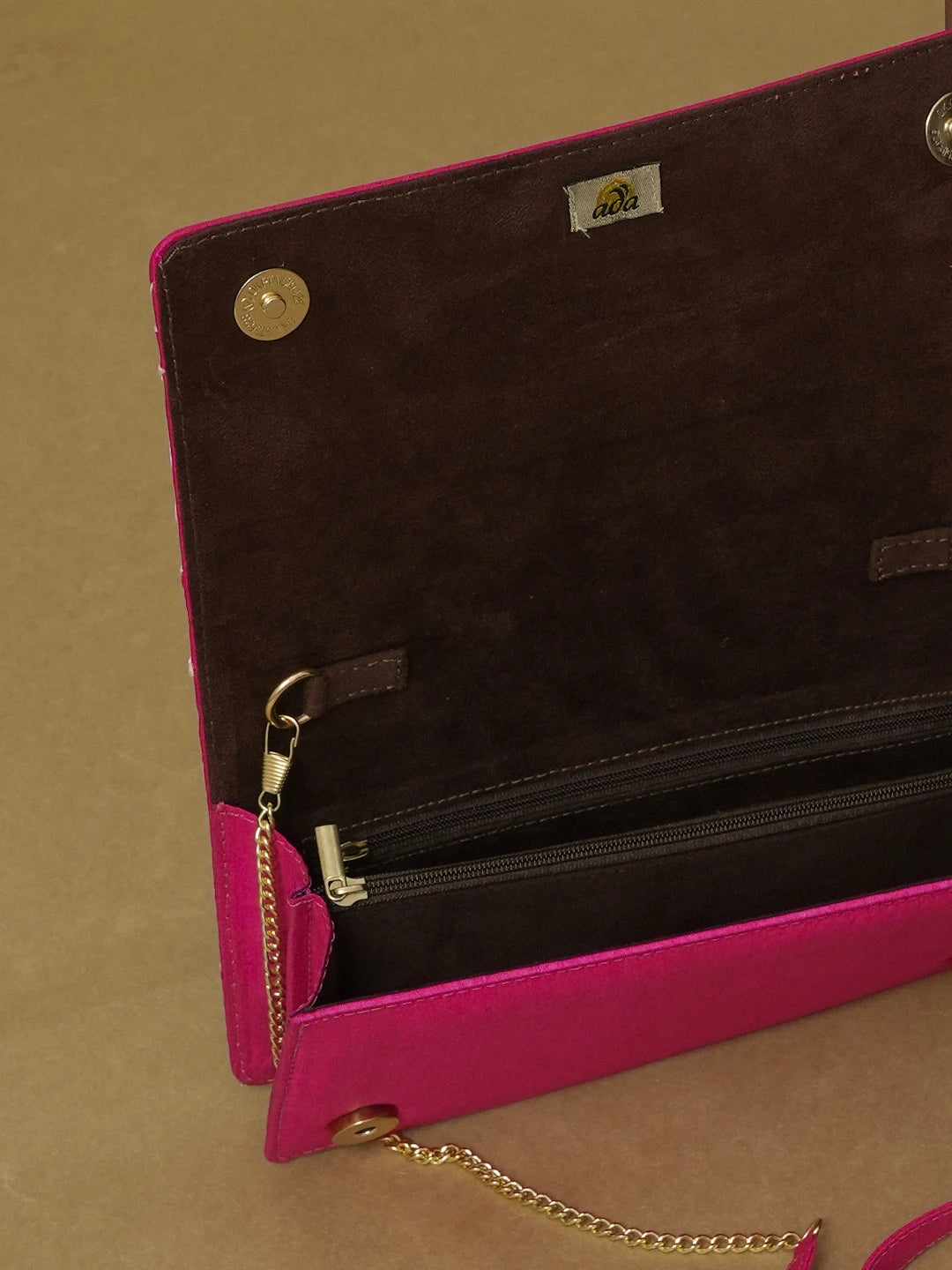 Ada Hand Embroidered Magenta Silk Lucknowi Chikankari Clutch With Zari Work 01A600548