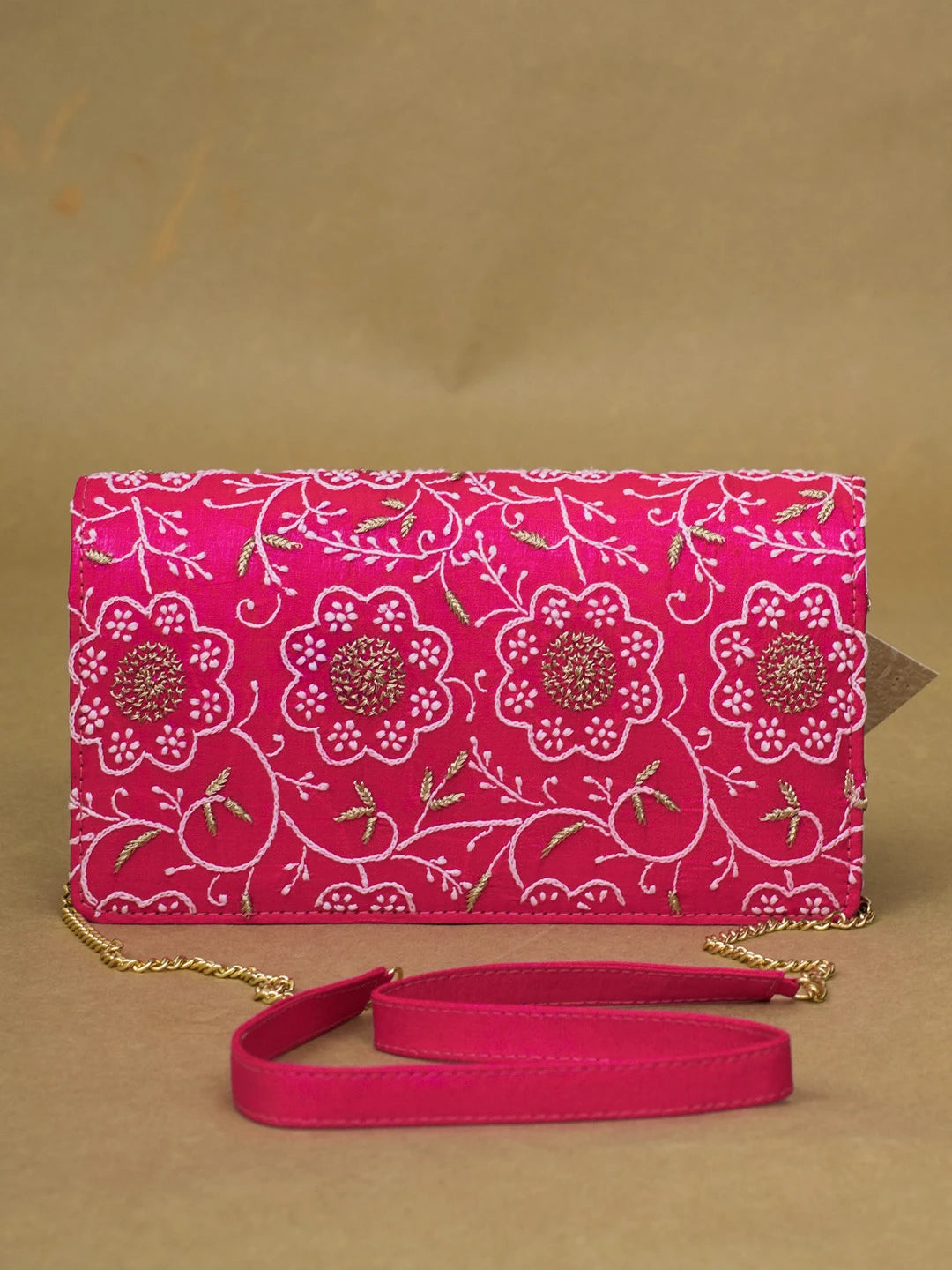 Ada Hand Embroidered Magenta Silk Lucknowi Chikankari Clutch With Zari Work 01A600548