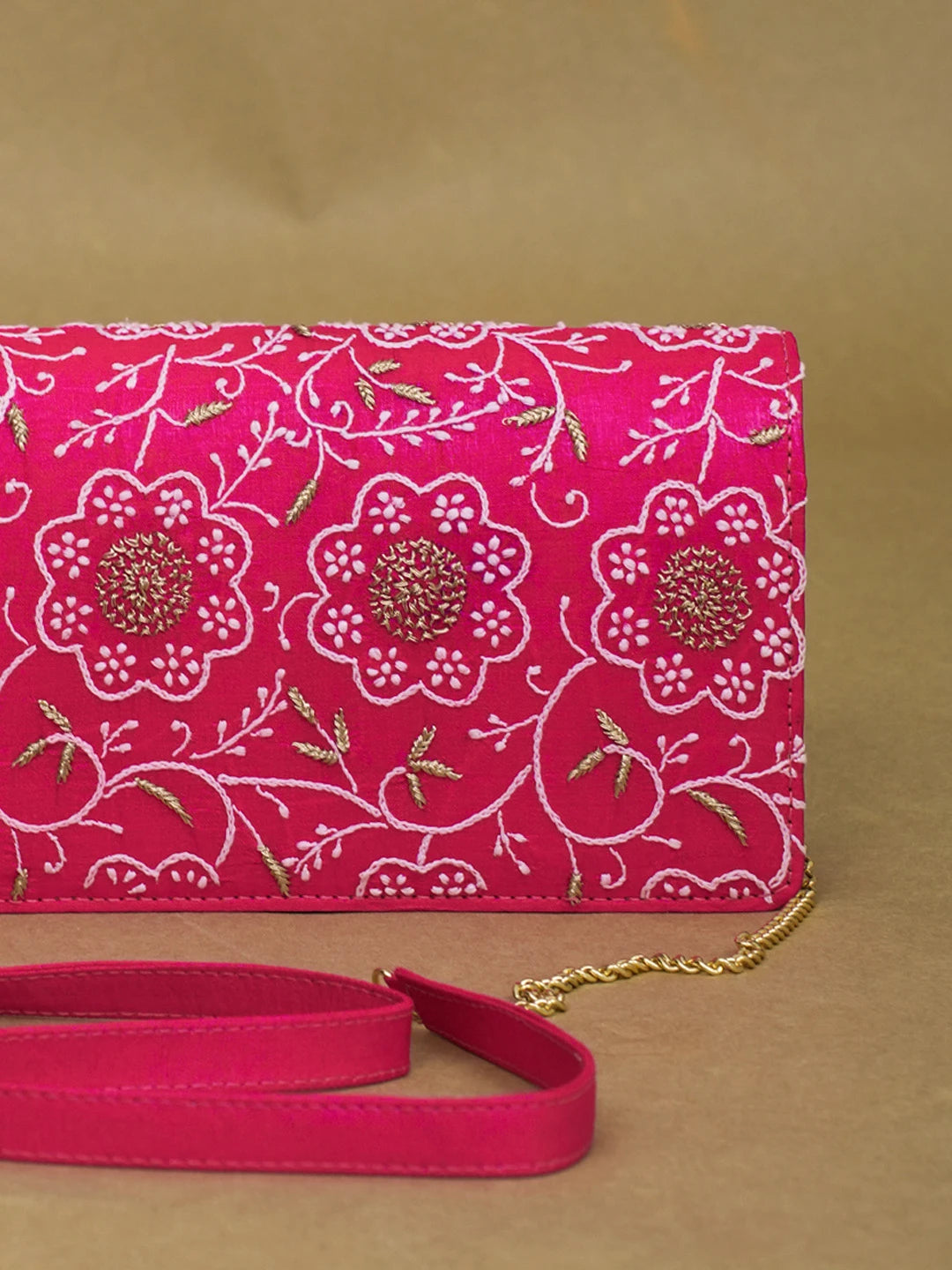 Ada Hand Embroidered Magenta Silk Lucknowi Chikankari Clutch With Zari Work 01A600548