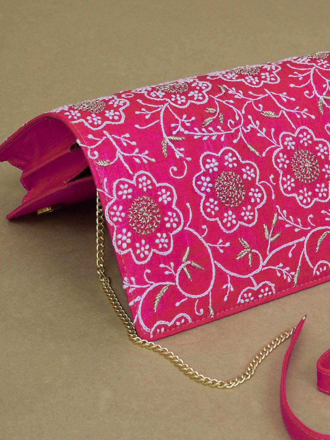 Ada Hand Embroidered Magenta Silk Lucknowi Chikankari Clutch With Zari Work 01A600548