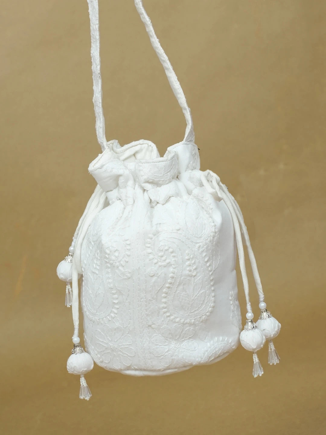 Ada Hand Embroidered White Cotton Lucknowi Chikankari Potli Bag 01A603318
