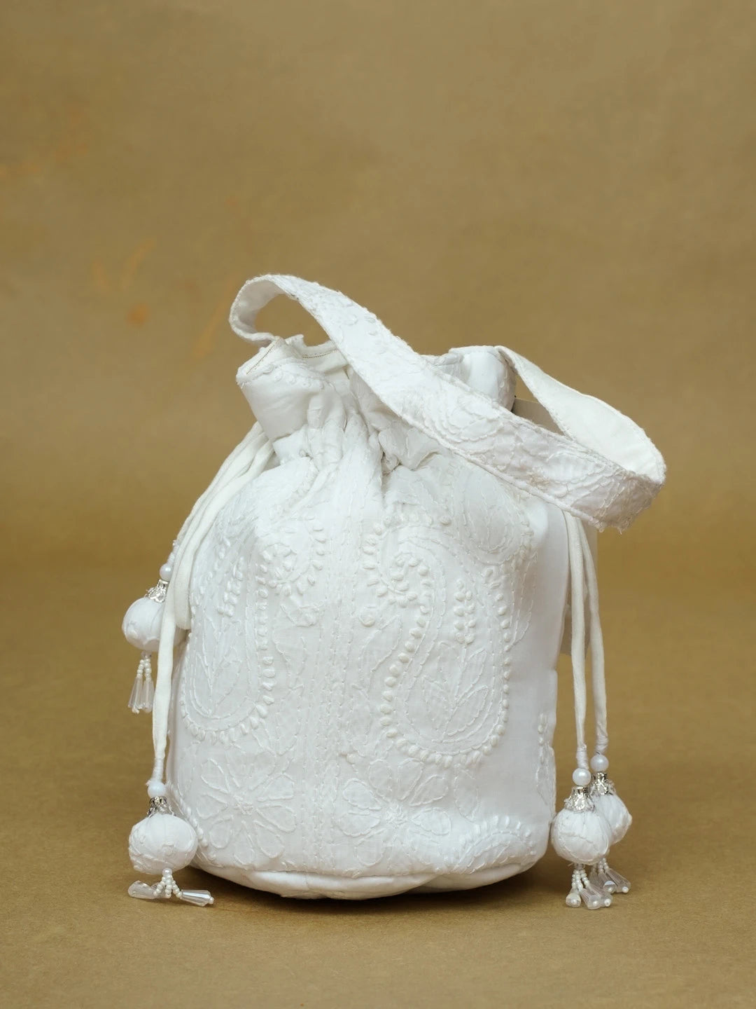 Ada Hand Embroidered White Cotton Lucknowi Chikankari Potli Bag 01A603318