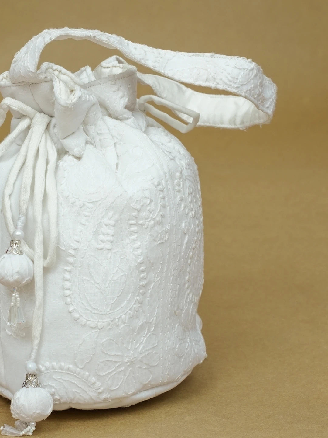 Ada Hand Embroidered White Cotton Lucknowi Chikankari Potli Bag 01A603318