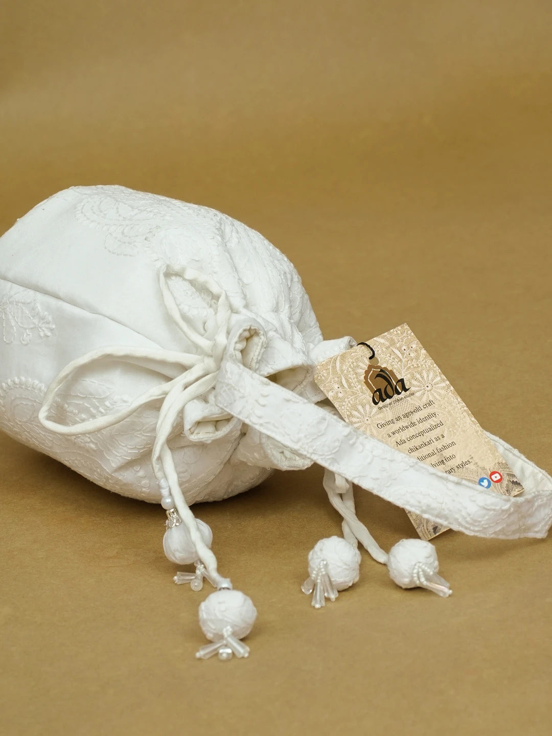 Ada Hand Embroidered White Cotton Lucknowi Chikankari Potli Bag 01A603318