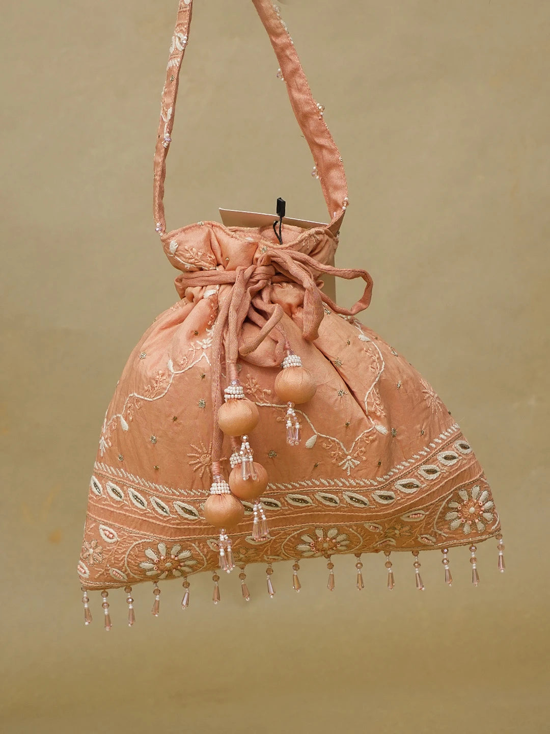 Ada Hand Embroidered Dusty Peach Silk Lucknowi Chikankari Potli Bag With Zari Work 01A603322