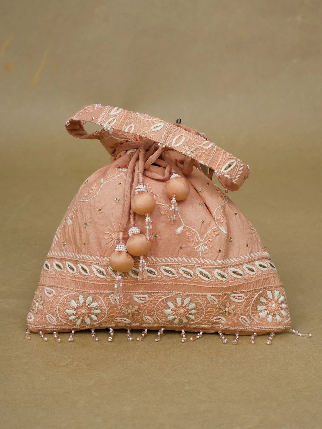 Ada Hand Embroidered Dusty Peach Silk Lucknowi Chikankari Potli Bag With Zari Work 01A603322