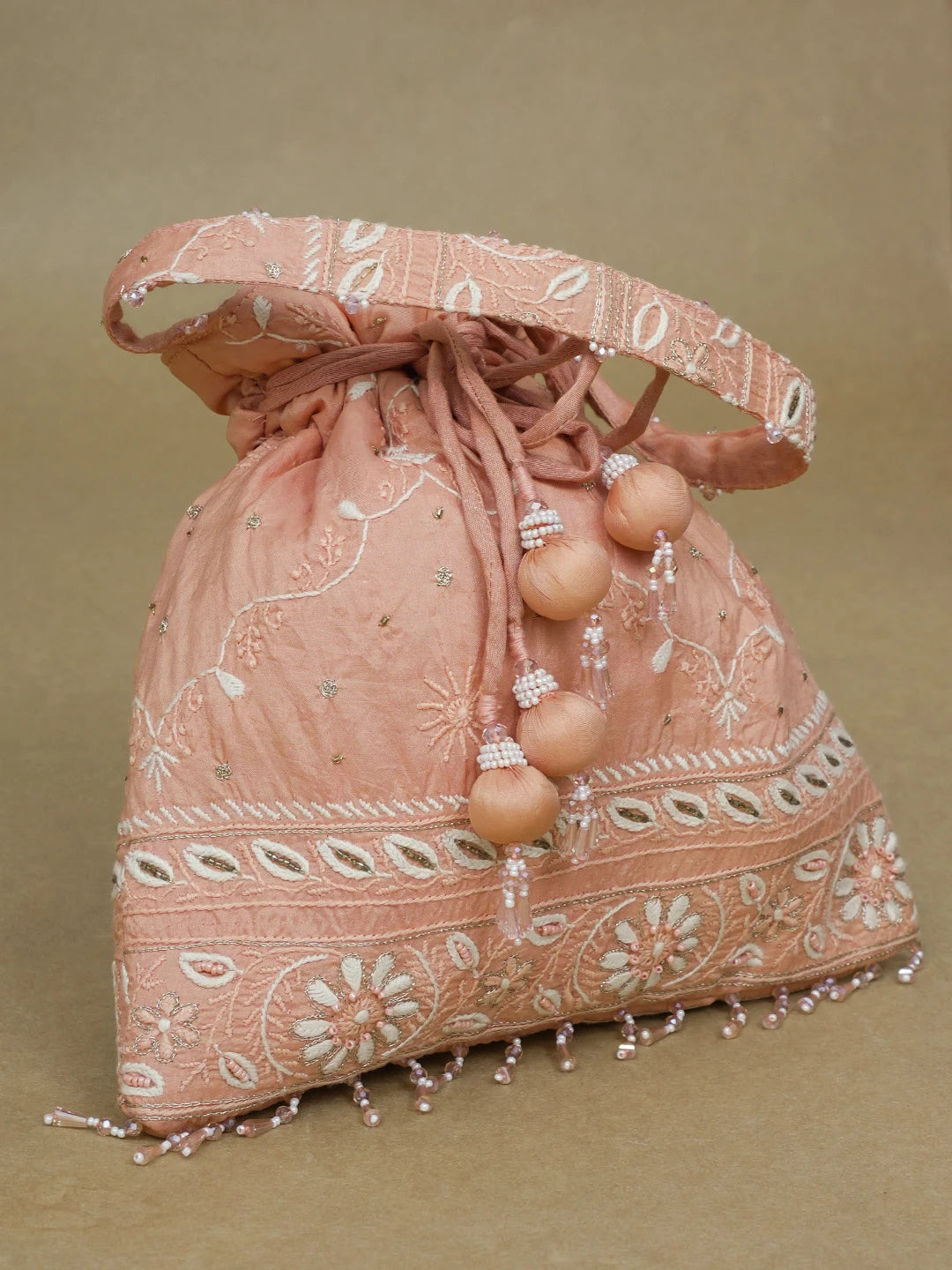 Ada Hand Embroidered Dusty Peach Silk Lucknowi Chikankari Potli Bag With Zari Work 01A603322