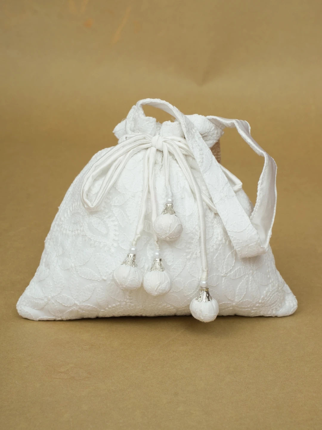 Ada Hand Embroidered White Cotton Lucknowi Chikankari Potli Bag 01A603319