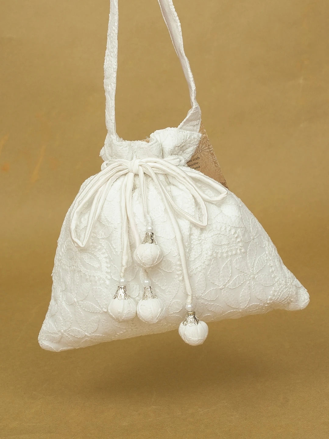 Ada Hand Embroidered White Cotton Lucknowi Chikankari Potli Bag 01A603319