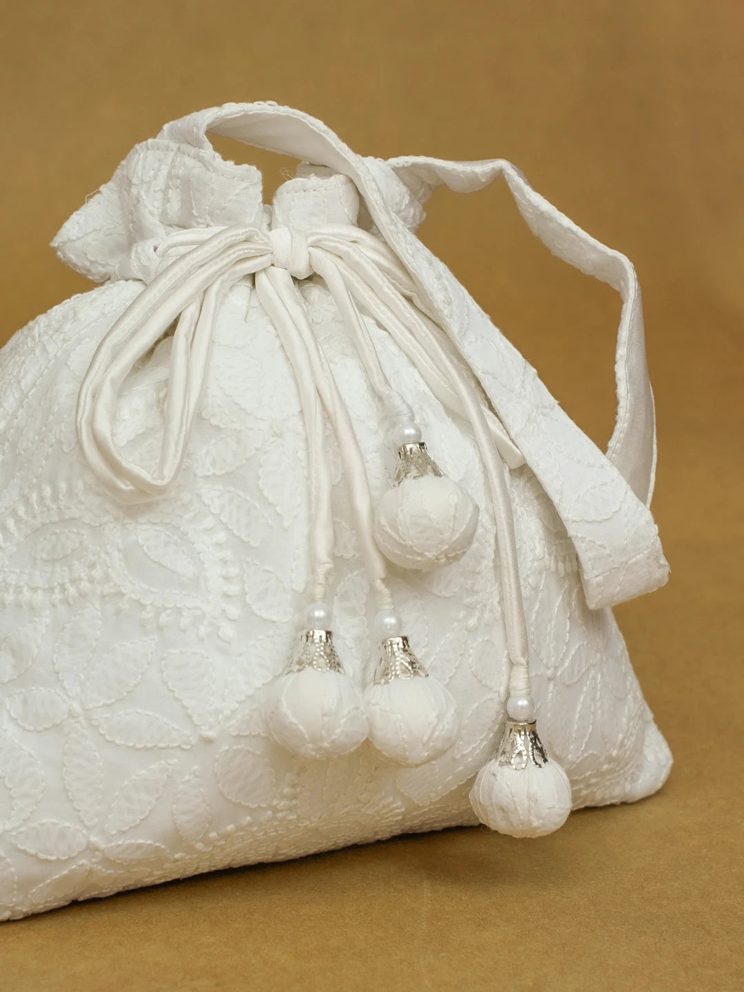 Ada Hand Embroidered White Cotton Lucknowi Chikankari Potli Bag 01A603319