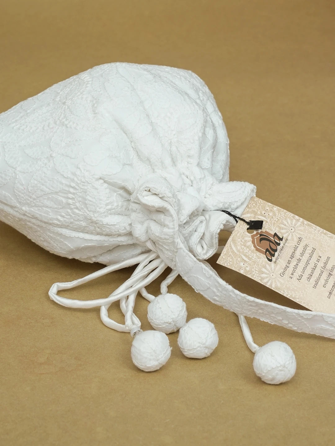 Ada Hand Embroidered White Cotton Lucknowi Chikankari Potli Bag 01A603319