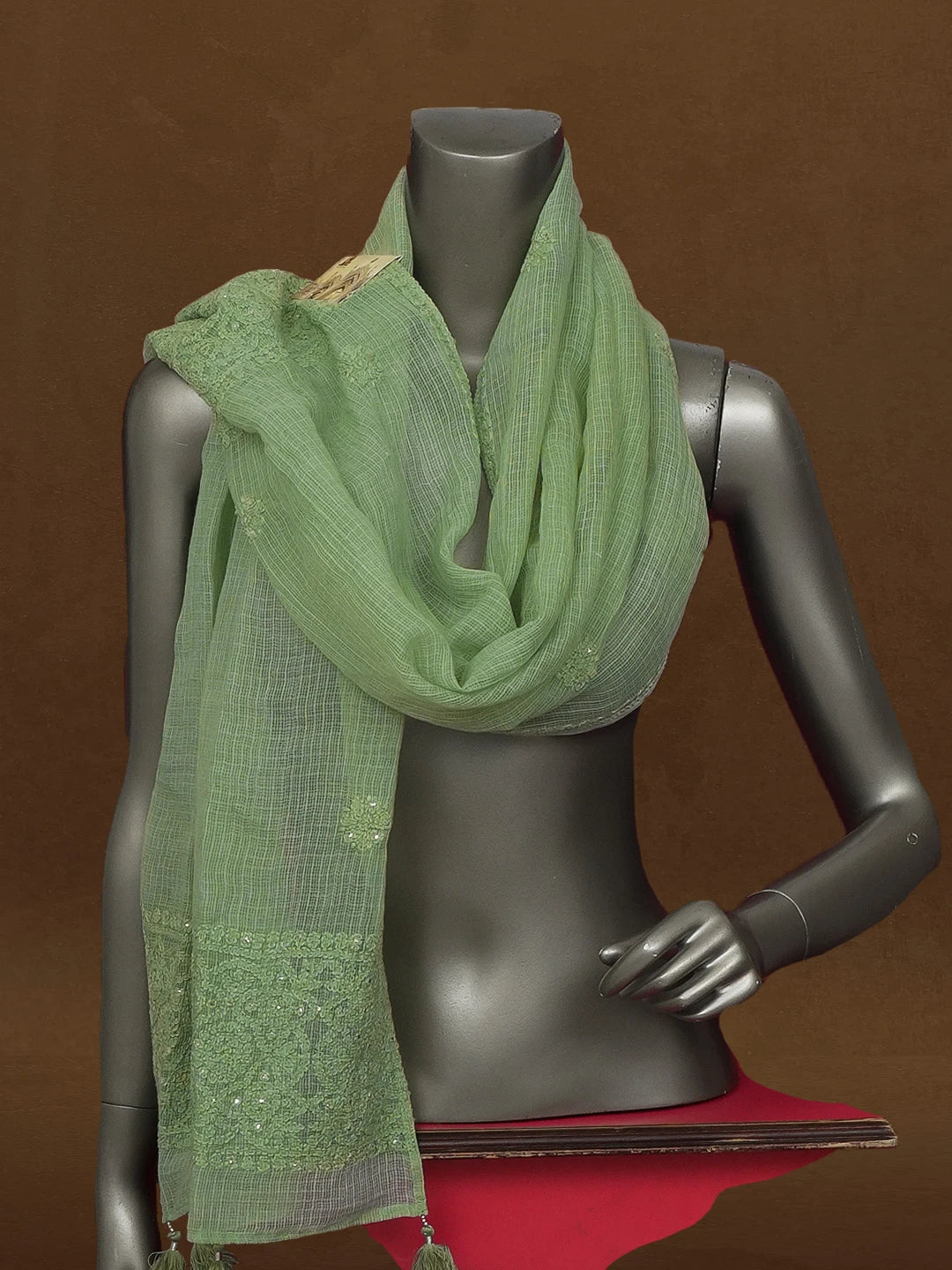 Ada Hand Embroidered Pista Green Kota Lucknowi Chikankari Stole With Muqaish Work 01A592206