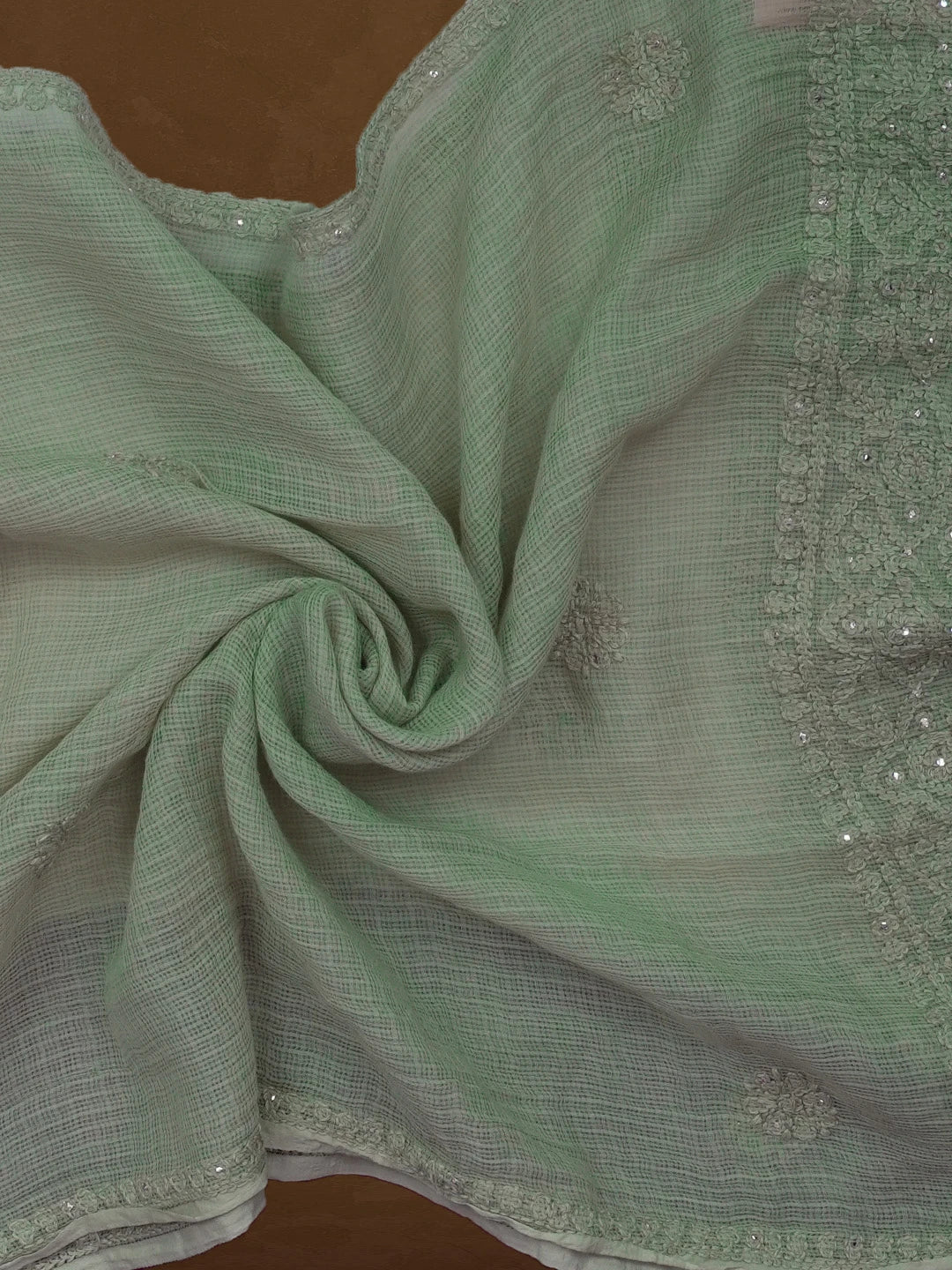 Ada Hand Embroidered Pista Green Kota Lucknowi Chikankari Stole With Muqaish Work 01A592206