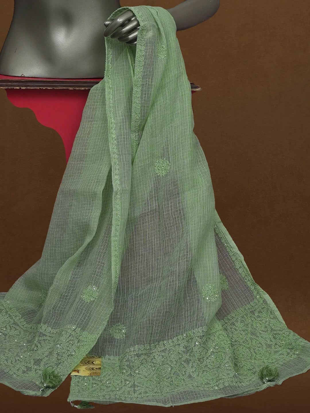 Ada Hand Embroidered Pista Green Kota Lucknowi Chikankari Stole With Muqaish Work 01A592206