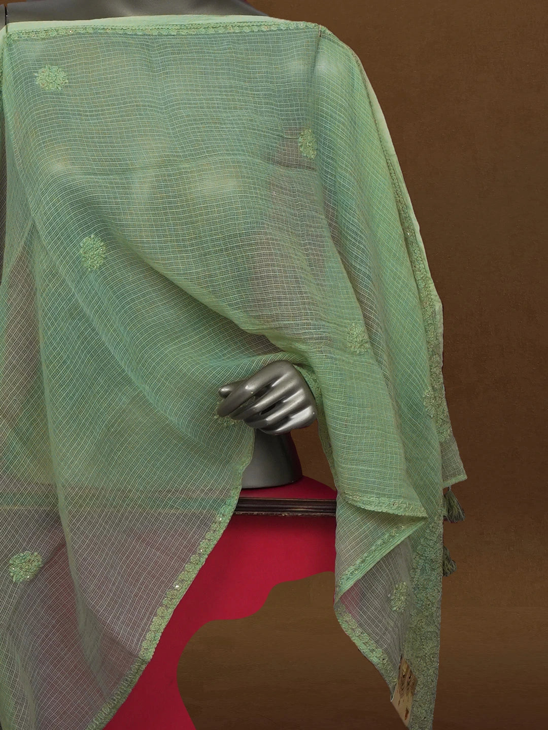 Ada Hand Embroidered Pista Green Kota Lucknowi Chikankari Stole With Muqaish Work 01A592206