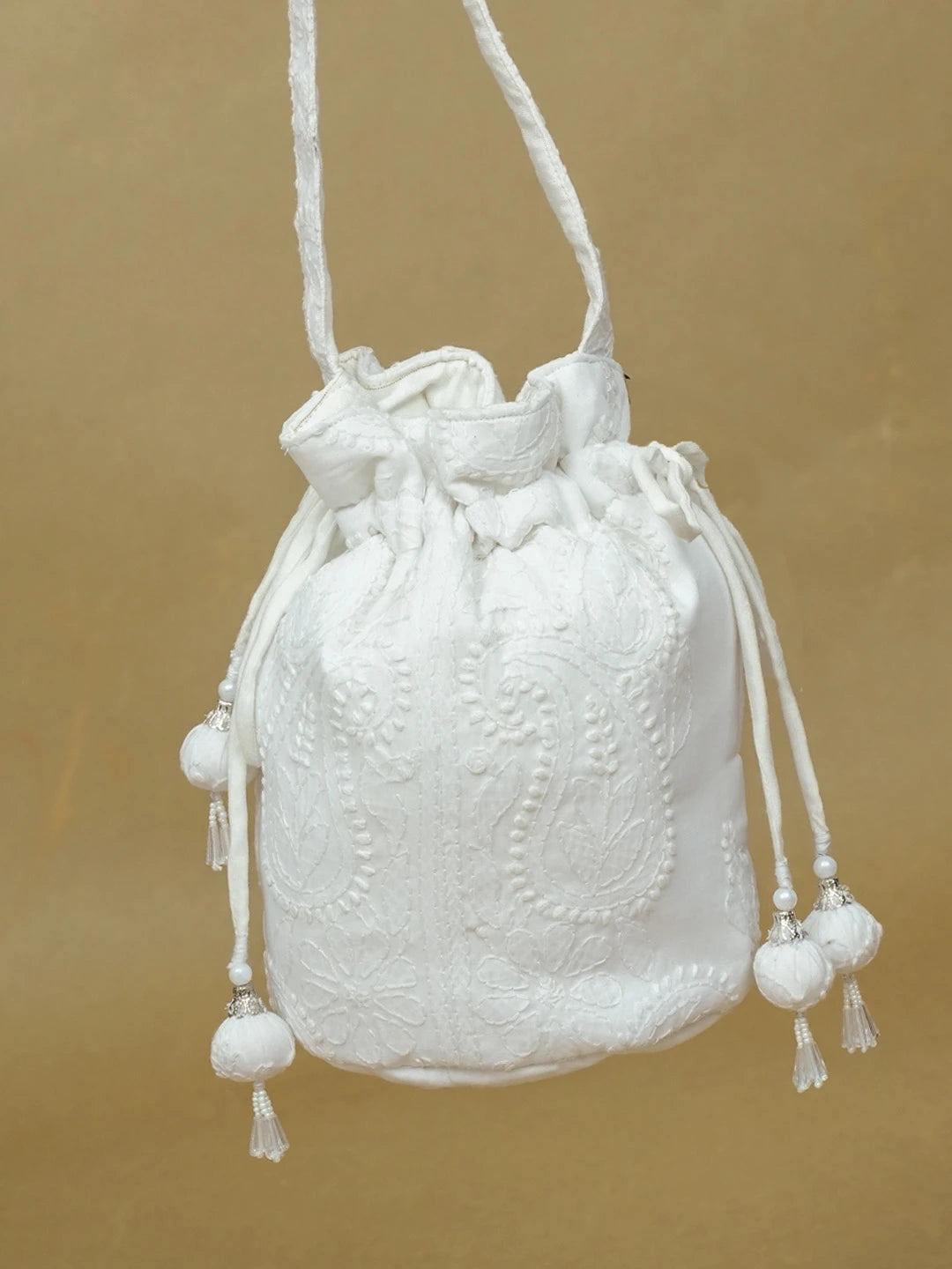 Ada Hand Embroidered White Cotton Lucknowi Chikankari Potli Bag 01A574343