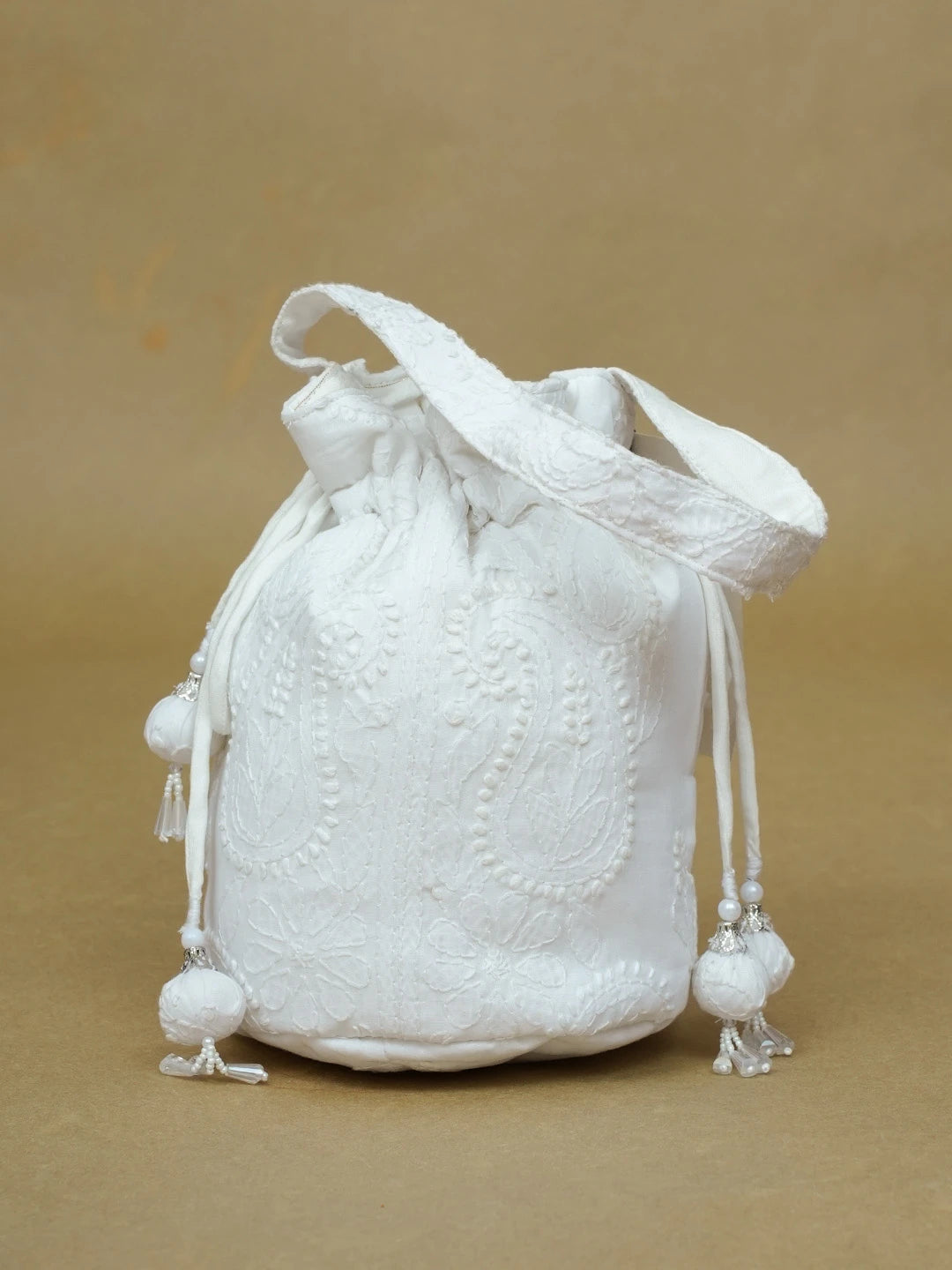 Ada Hand Embroidered White Cotton Lucknowi Chikankari Potli Bag 01A574343