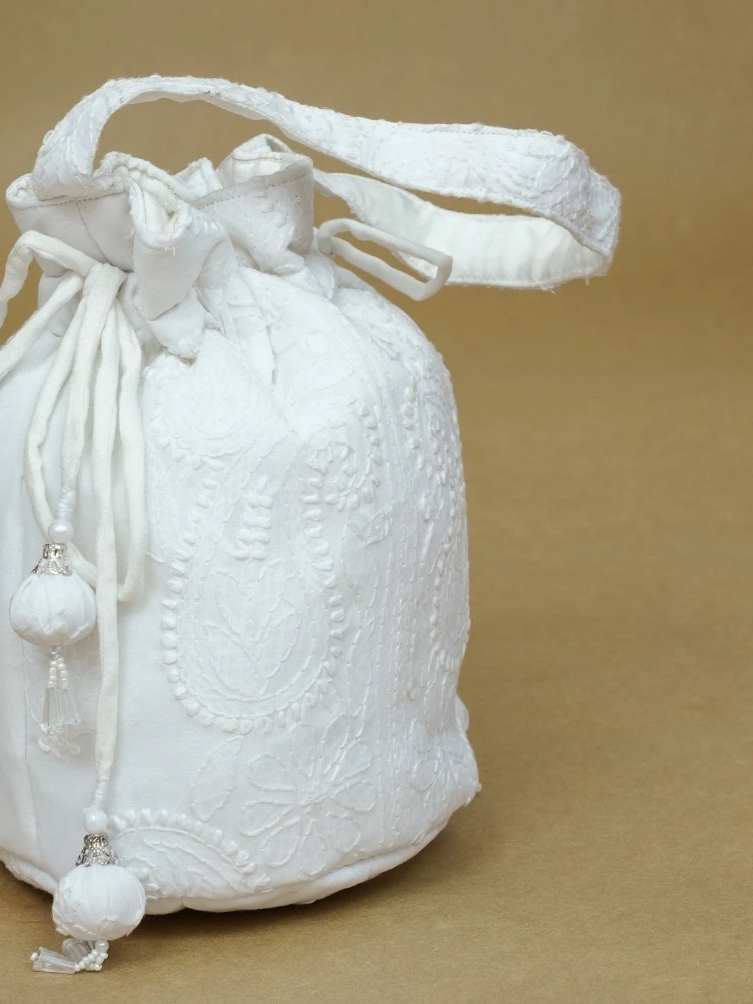 Ada Hand Embroidered White Cotton Lucknowi Chikankari Potli Bag 01A574343