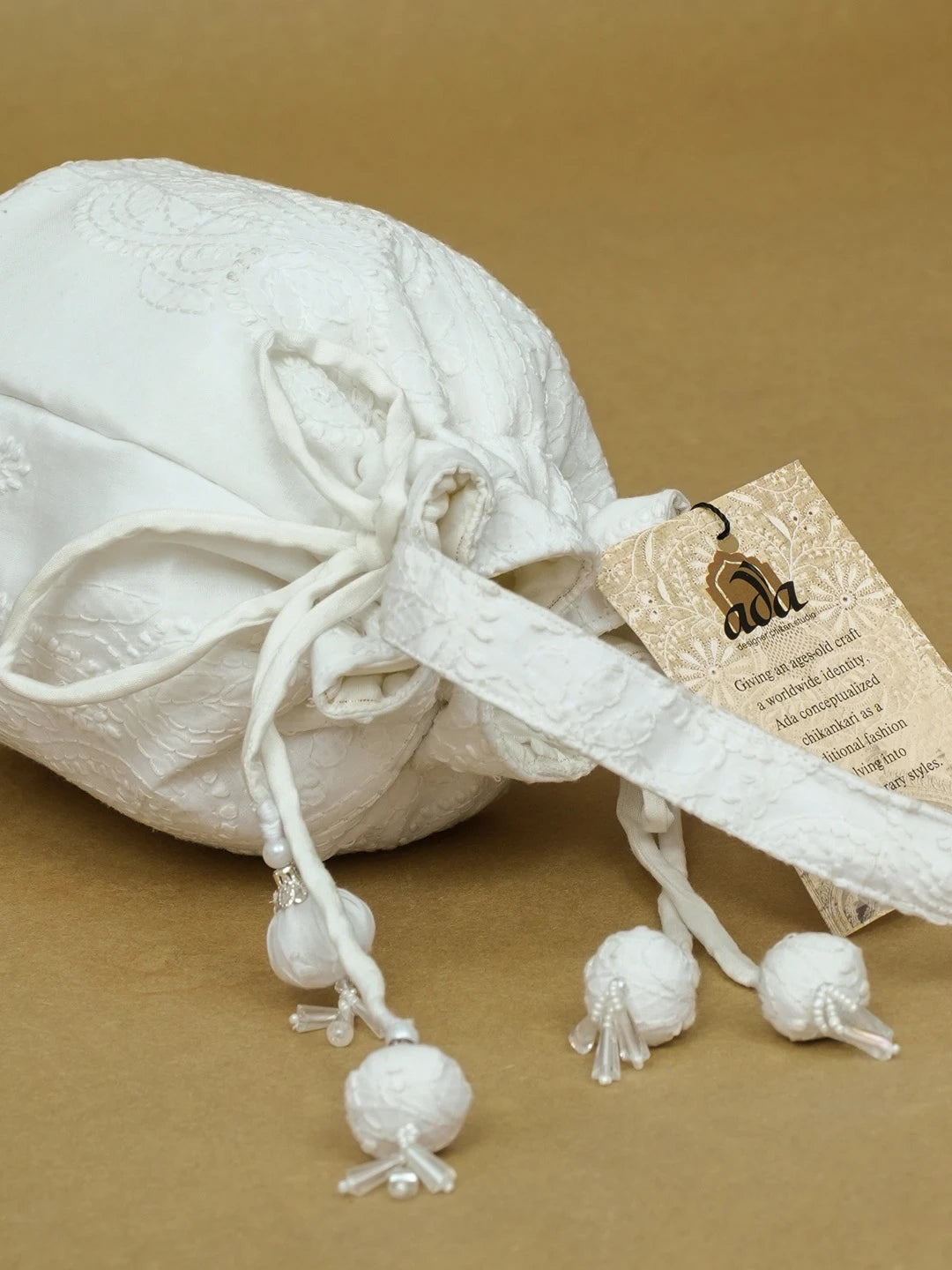 Ada Hand Embroidered White Cotton Lucknowi Chikankari Potli Bag 01A574343