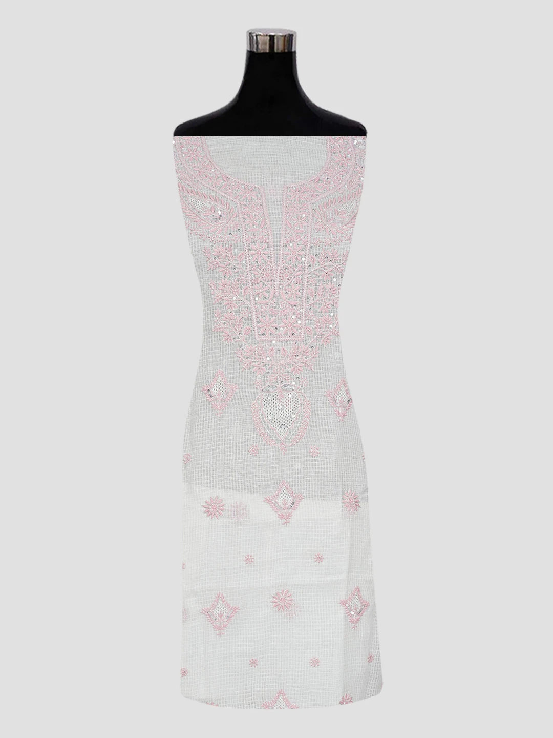 Ada Hand Embroidered White Kota Lucknowi Chikankari Unstitched Kurta Dupatta Set With Zari Work 01A553076