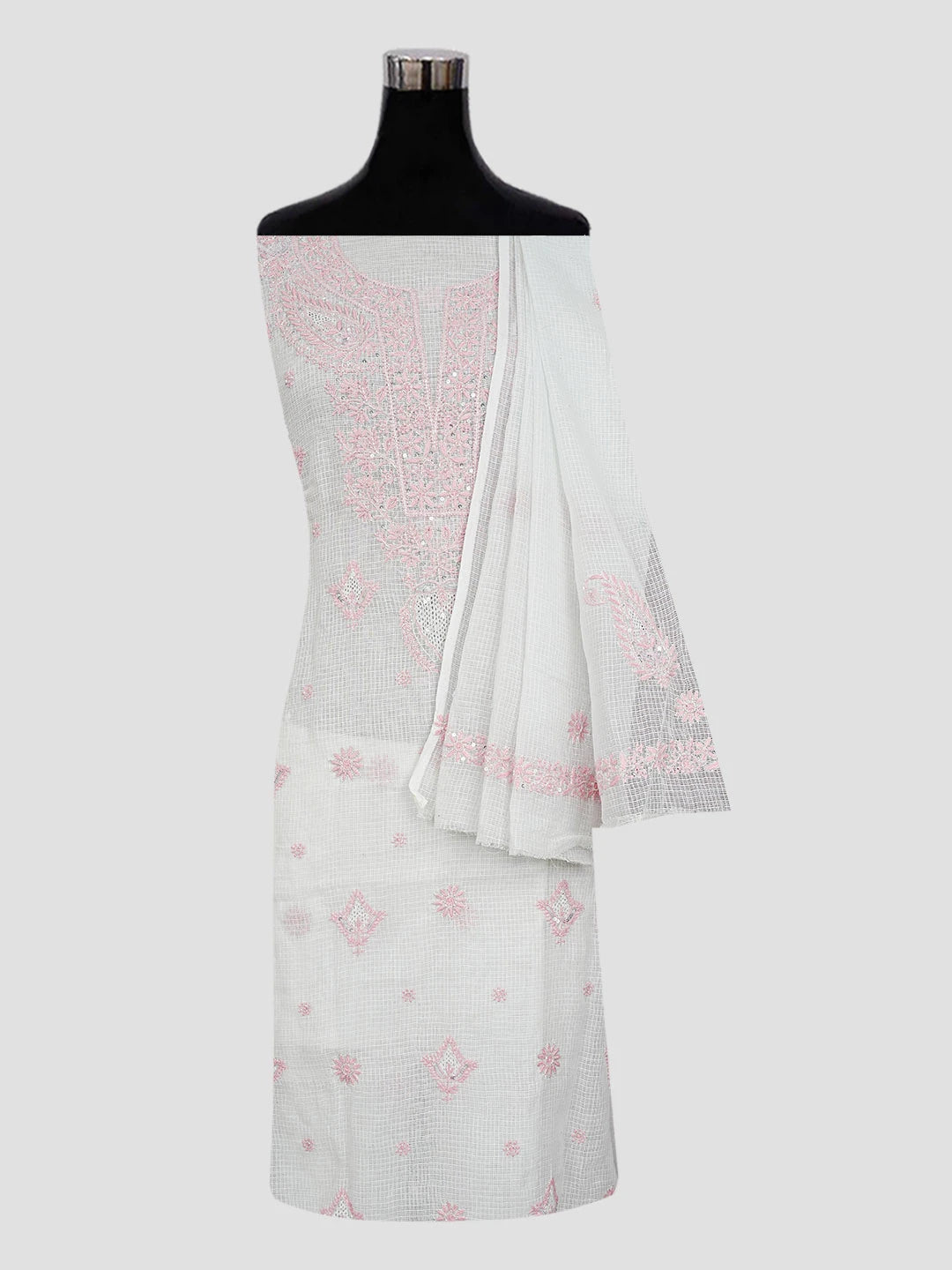 Ada Hand Embroidered White Kota Lucknowi Chikankari Unstitched Kurta Dupatta Set With Zari Work 01A553076