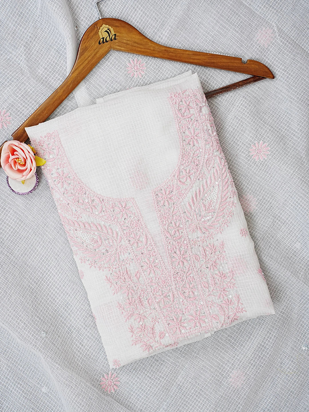 Ada Hand Embroidered White Kota Lucknowi Chikankari Unstitched Kurta Dupatta Set With Zari Work 01A553076