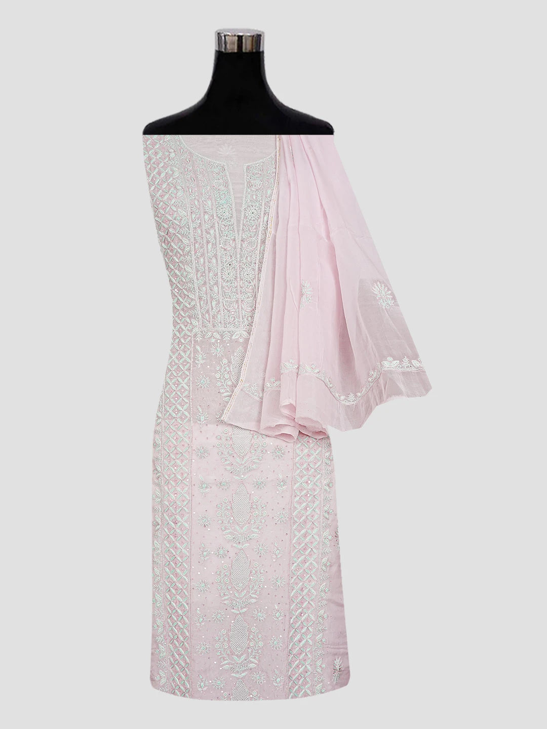 Ada Hand Embroidered Cherry Blossom Pink Organza Lucknowi Chikankari Unstitched Kurta Dupatta Set With Cutdana Work 01A517047