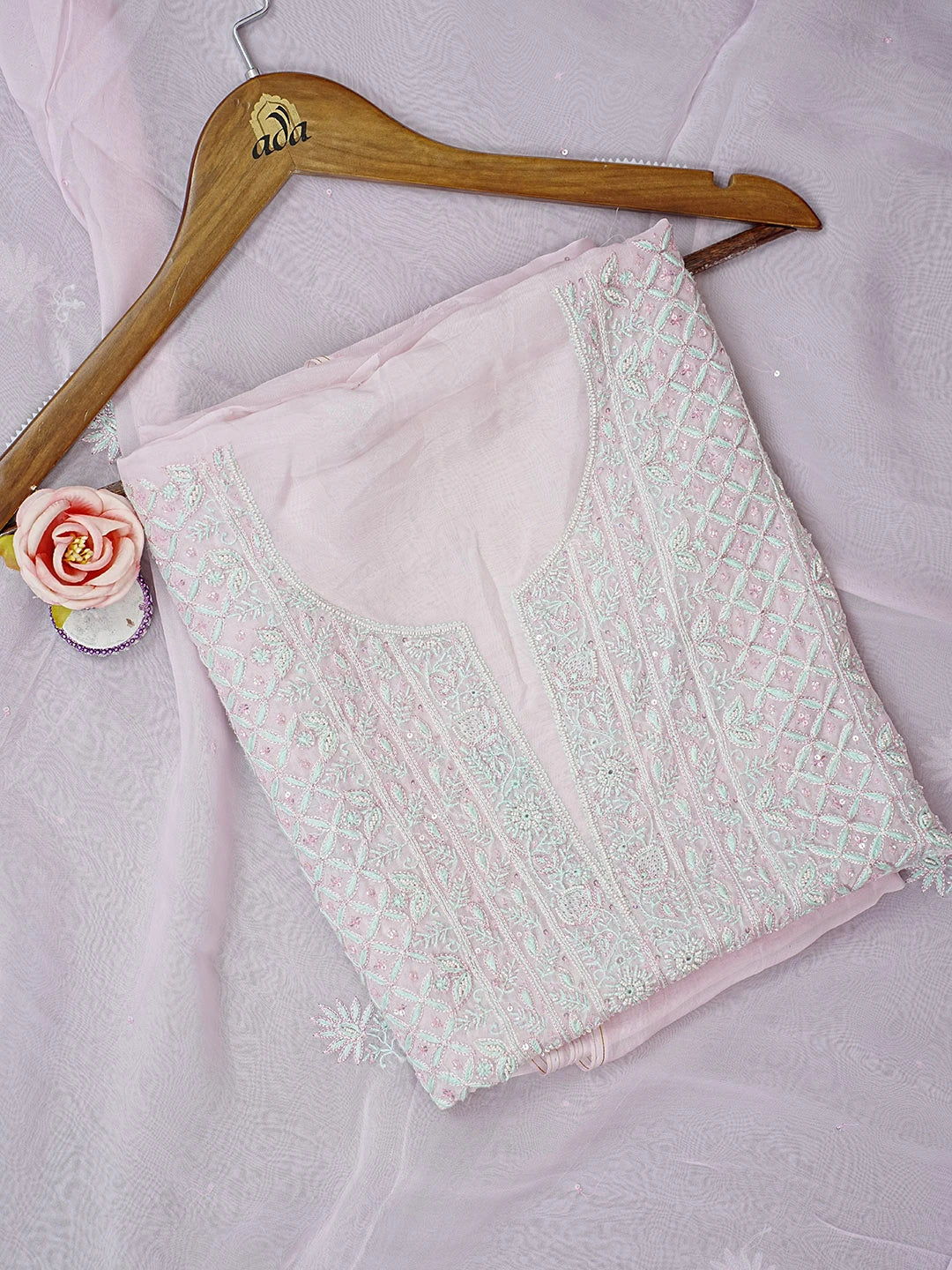 Ada Hand Embroidered Cherry Blossom Pink Organza Lucknowi Chikankari Unstitched Kurta Dupatta Set With Cutdana Work 01A517047