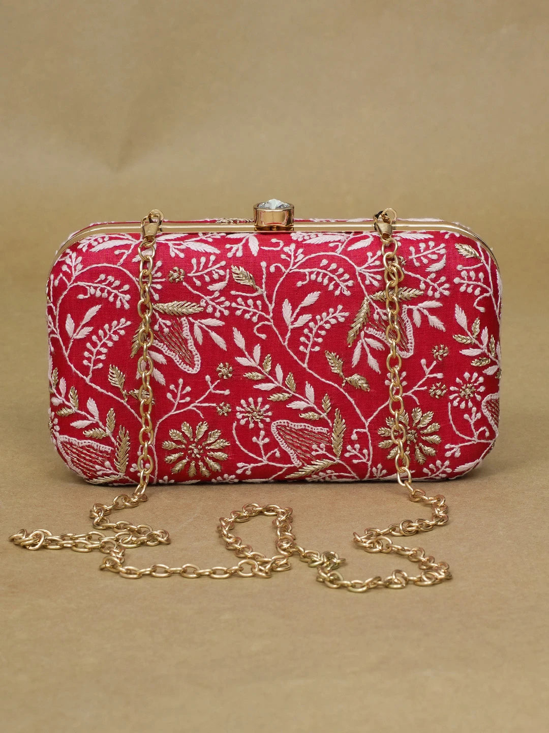 Ada Hand Embroidered Red Silk Lucknowi Chikankari Clutch With Zari Work 01A553113