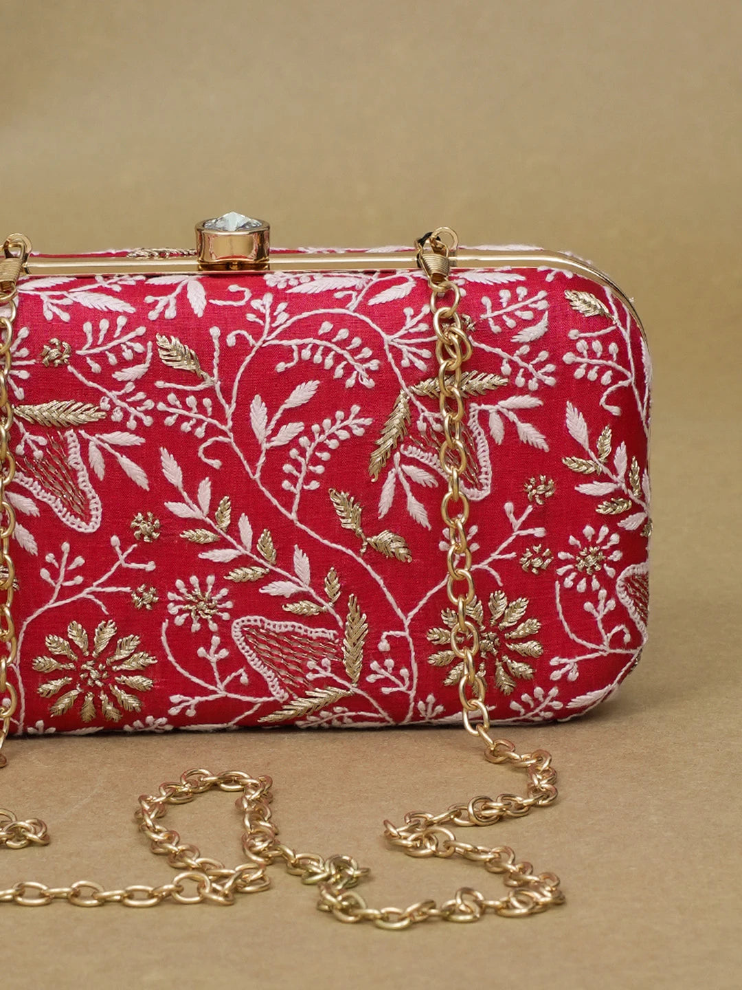 Ada Hand Embroidered Red Silk Lucknowi Chikankari Clutch With Zari Work 01A553113