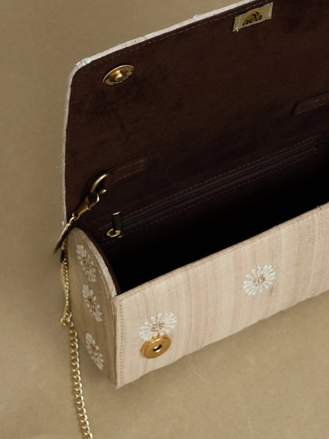 Ada Hand Embroidered Fawn Silk Lucknowi Chikankari Clutch With Zari Work 01A589688