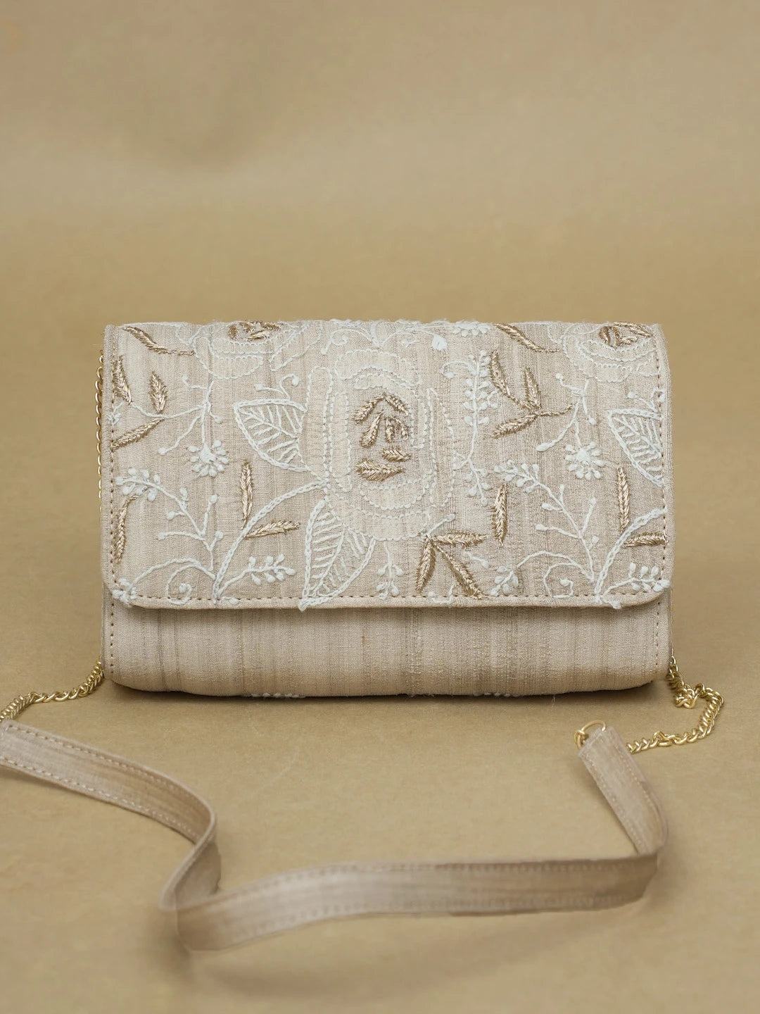 Ada Hand Embroidered Fawn Silk Lucknowi Chikankari Clutch With Zari Work 01A589688