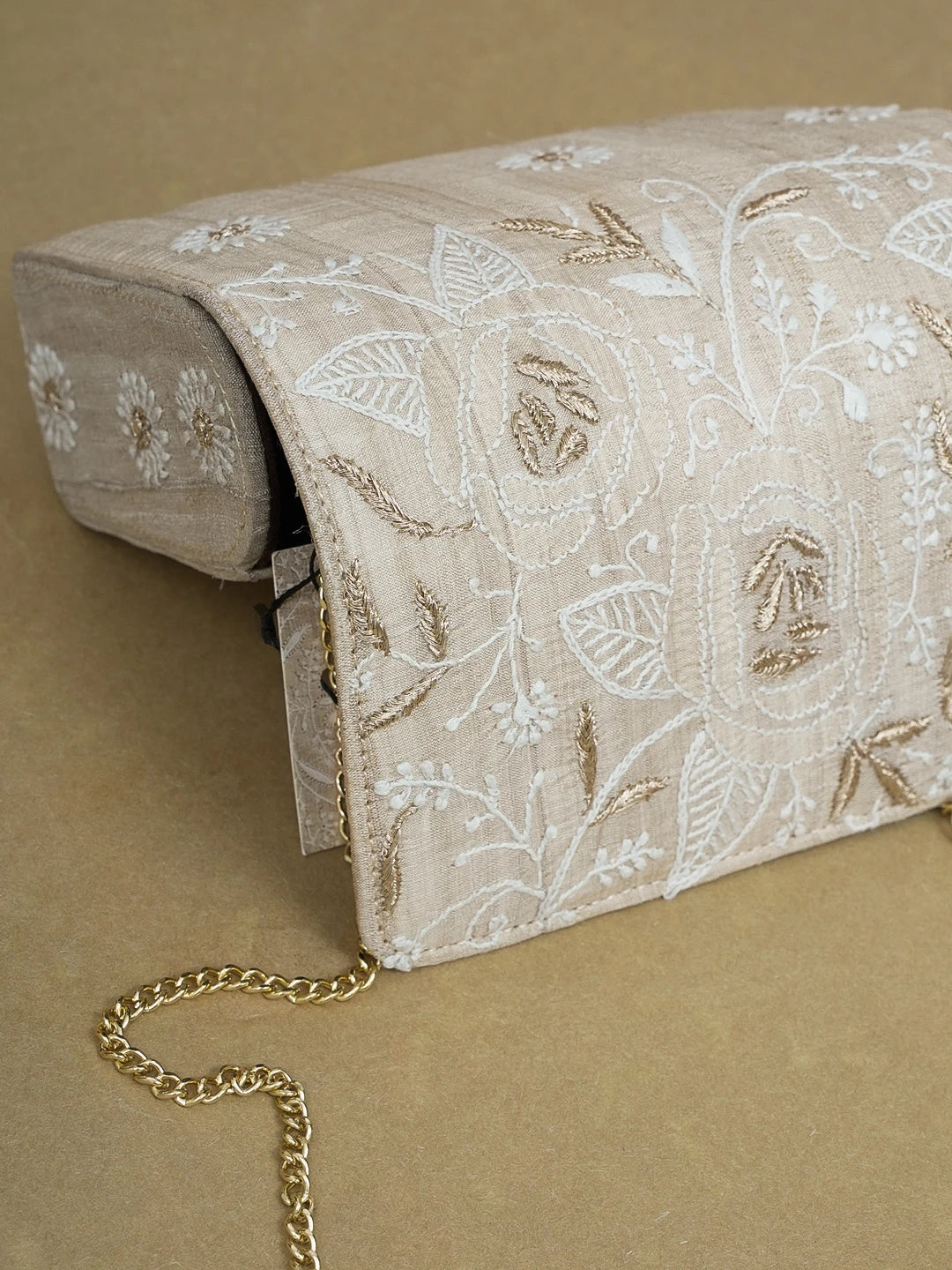 Ada Hand Embroidered Fawn Silk Lucknowi Chikankari Clutch With Zari Work 01A589688