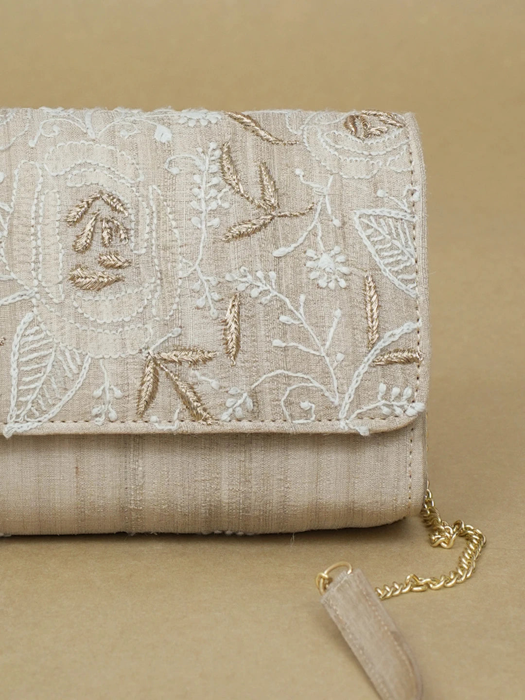 Ada Hand Embroidered Fawn Silk Lucknowi Chikankari Clutch With Zari Work 01A589688