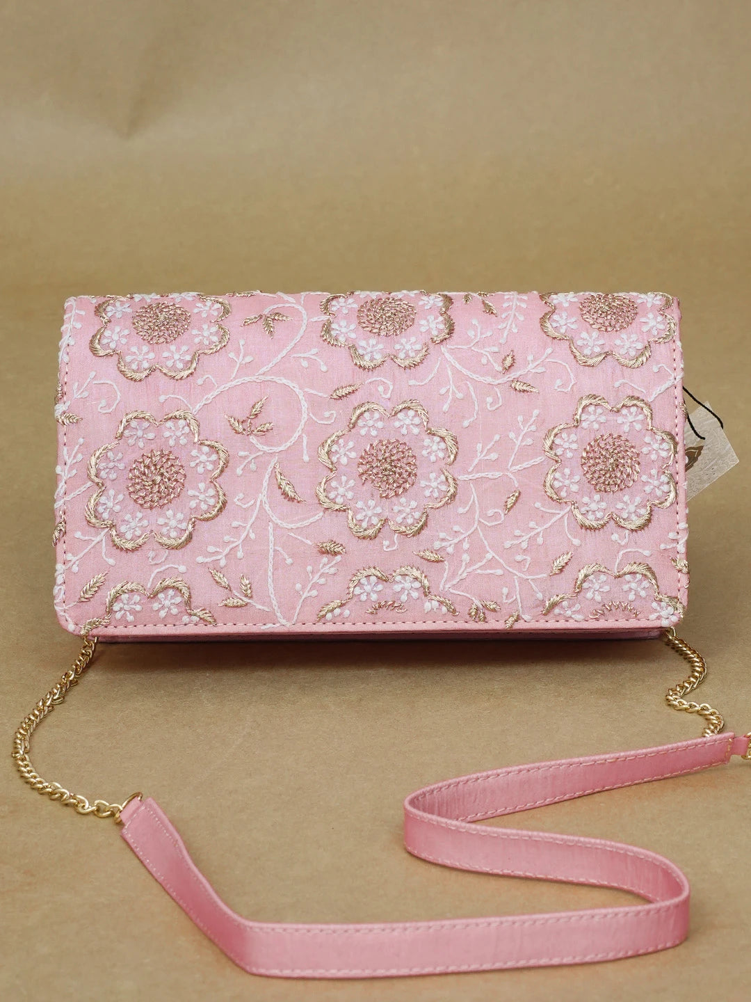 Ada Hand Embroidered Pink Silk Lucknowi Chikankari Clutch With Zari Work 01A600546