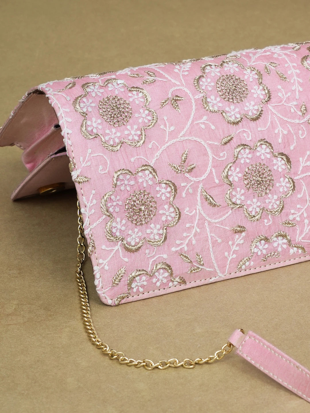 Ada Hand Embroidered Pink Silk Lucknowi Chikankari Clutch With Zari Work 01A600546