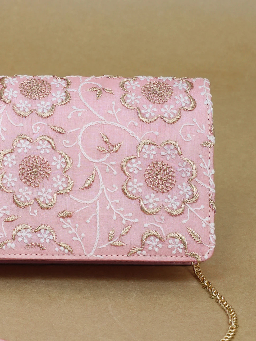 Ada Hand Embroidered Pink Silk Lucknowi Chikankari Clutch With Zari Work 01A600546
