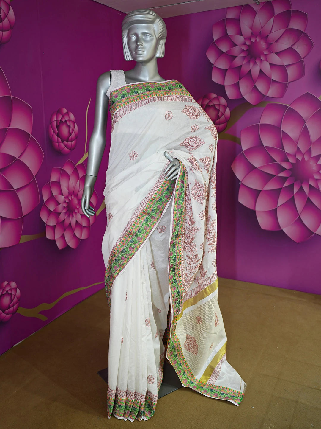 Ada Hand Embroidered White Chanderi Lucknowi Chikankari Saree With Blouse 01A572743