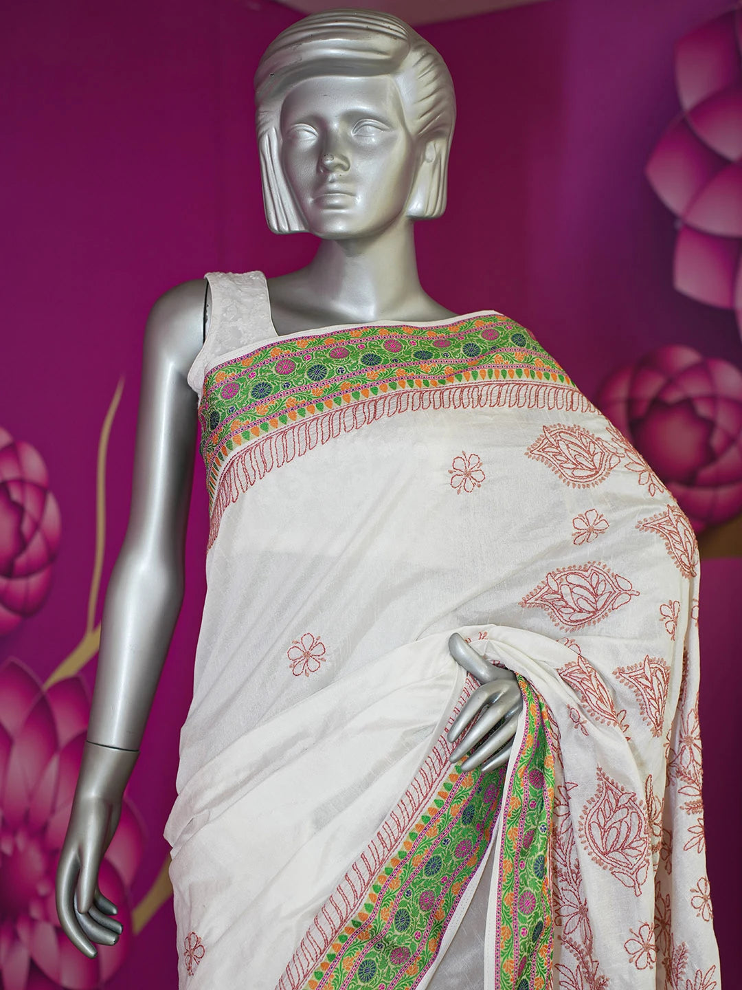 Ada Hand Embroidered White Chanderi Lucknowi Chikankari Saree With Blouse 01A572743