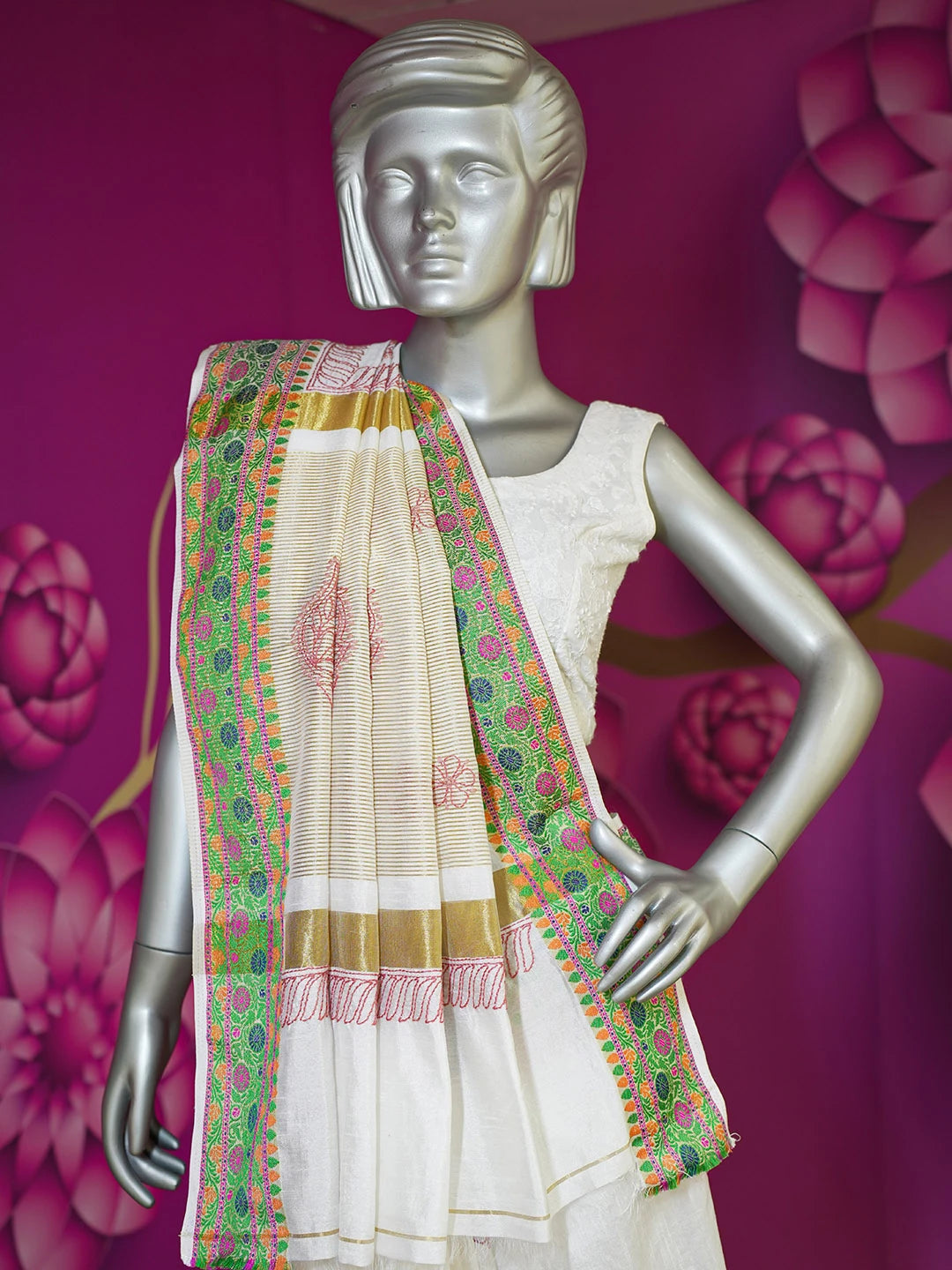 Ada Hand Embroidered White Chanderi Lucknowi Chikankari Saree With Blouse 01A572743