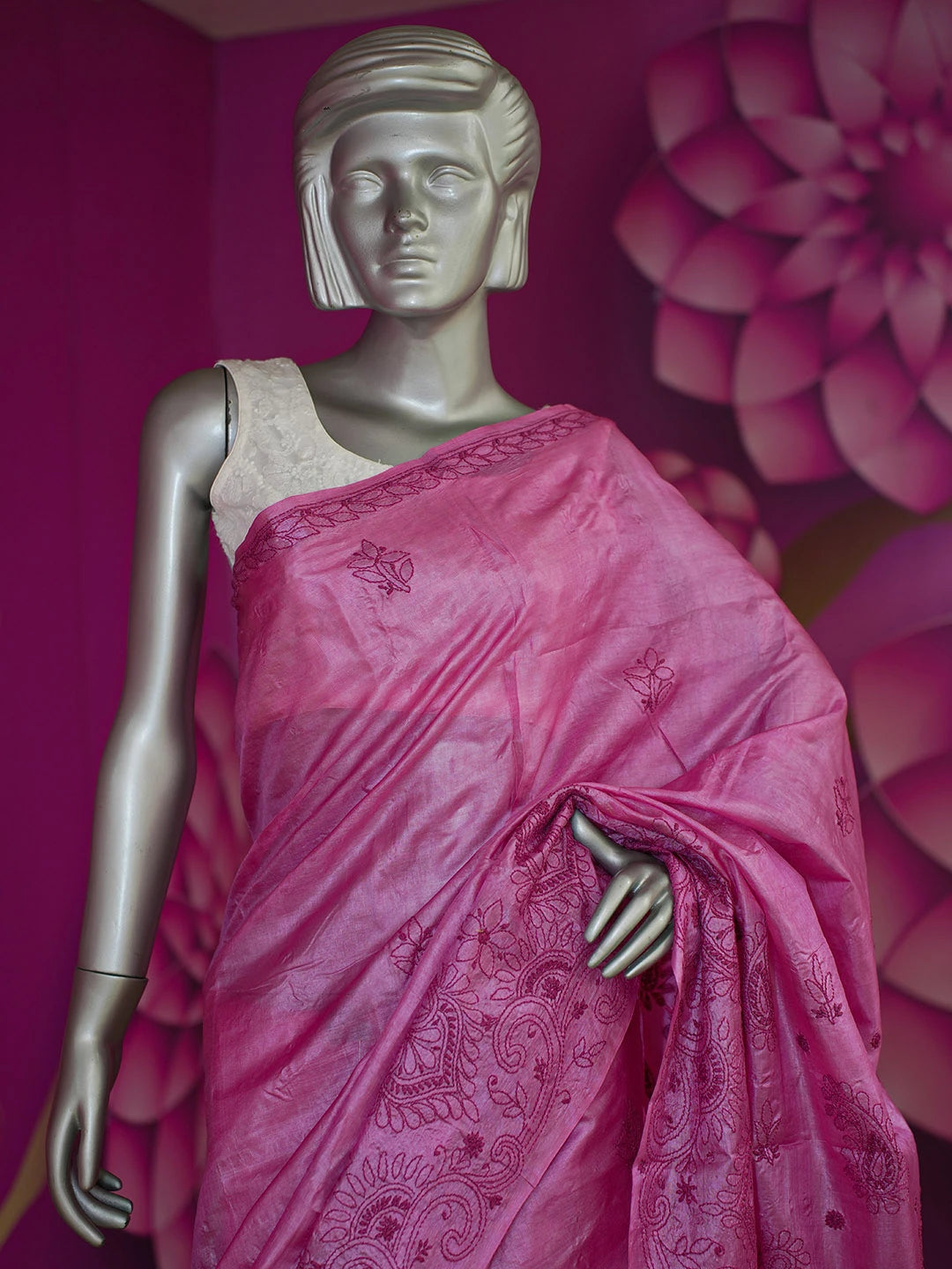 Ada Hand Embroidered Onion Pink Silk Lucknowi Chikankari Saree With Blouse 01A591549