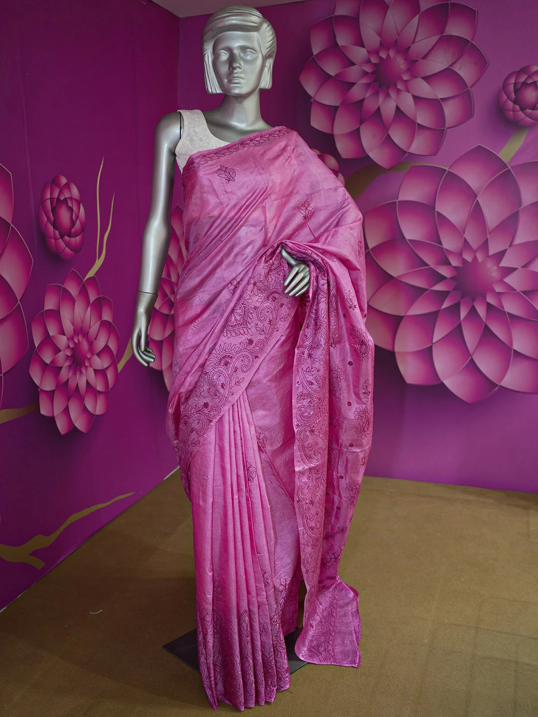 Ada Hand Embroidered Onion Pink Silk Lucknowi Chikankari Saree With Blouse 01A591549