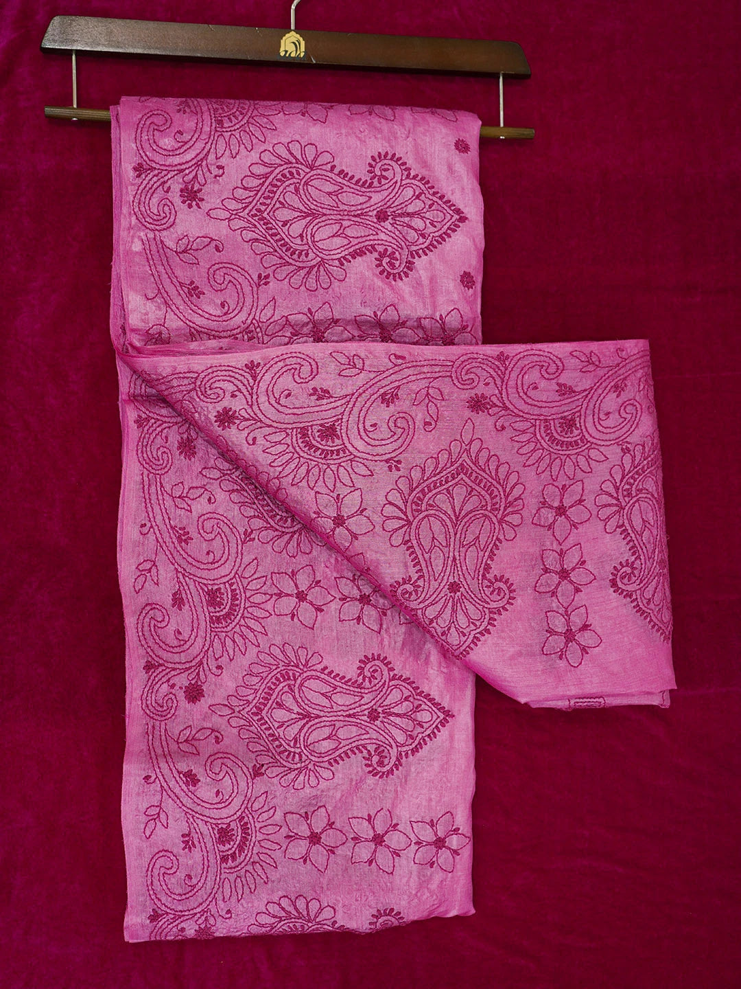 Ada Hand Embroidered Onion Pink Silk Lucknowi Chikankari Saree With Blouse 01A591549