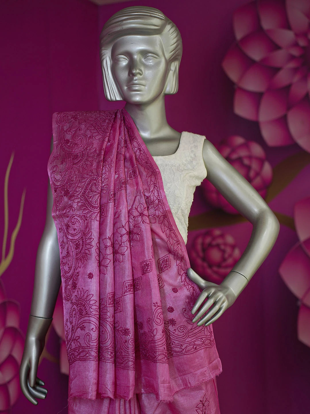 Ada Hand Embroidered Onion Pink Silk Lucknowi Chikankari Saree With Blouse 01A591549