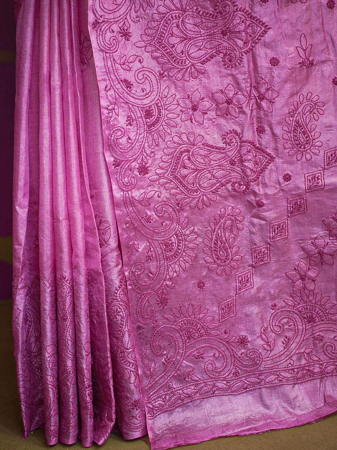 Ada Hand Embroidered Onion Pink Silk Lucknowi Chikankari Saree With Blouse 01A591549