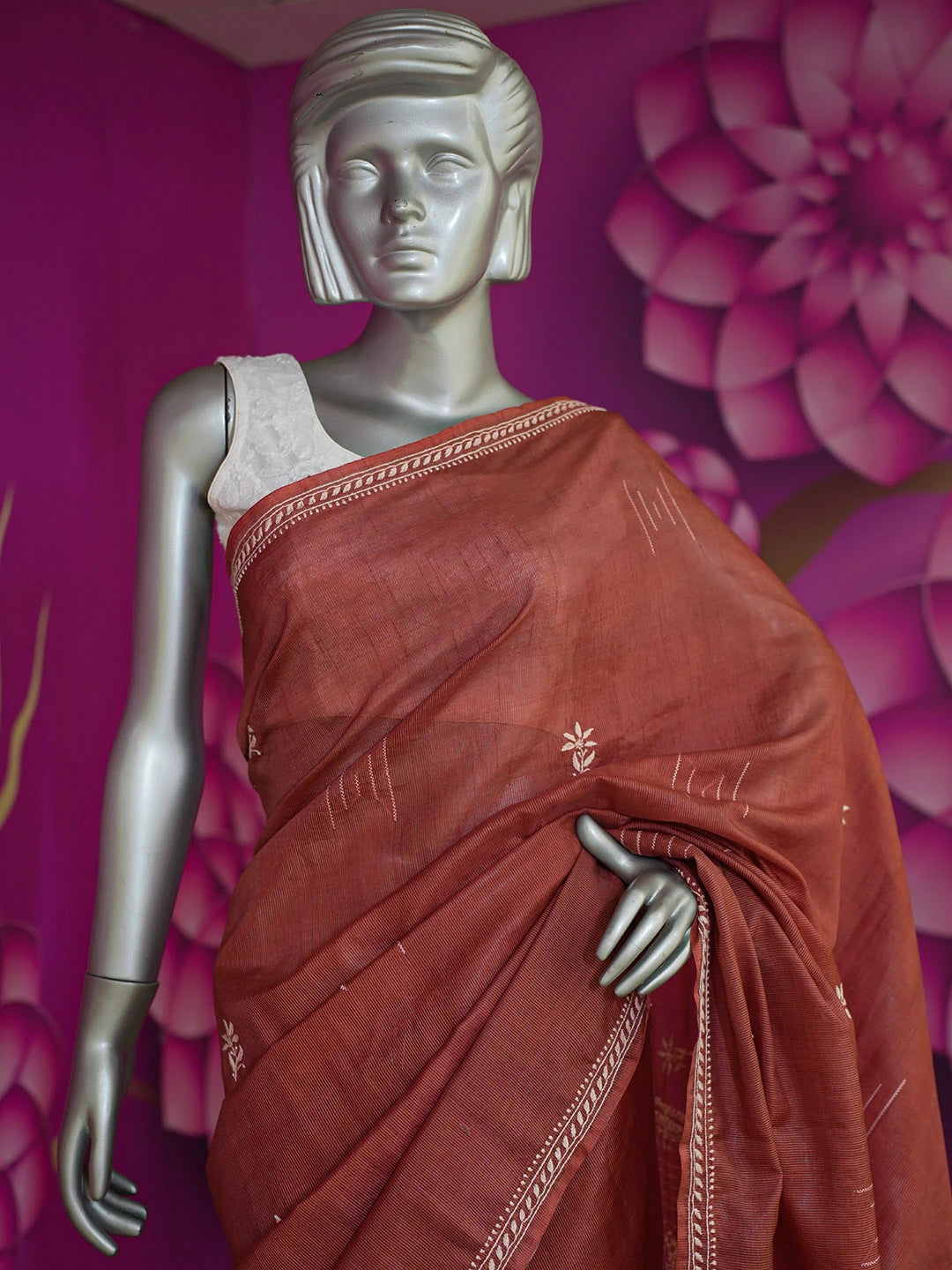 Ada Hand Embroidered Rust Silk Lucknowi Chikankari Saree With Blouse 01A376427