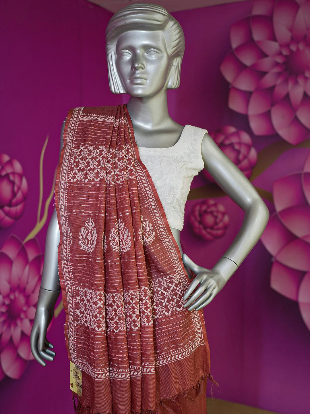 Ada Hand Embroidered Rust Silk Lucknowi Chikankari Saree With Blouse 01A376427