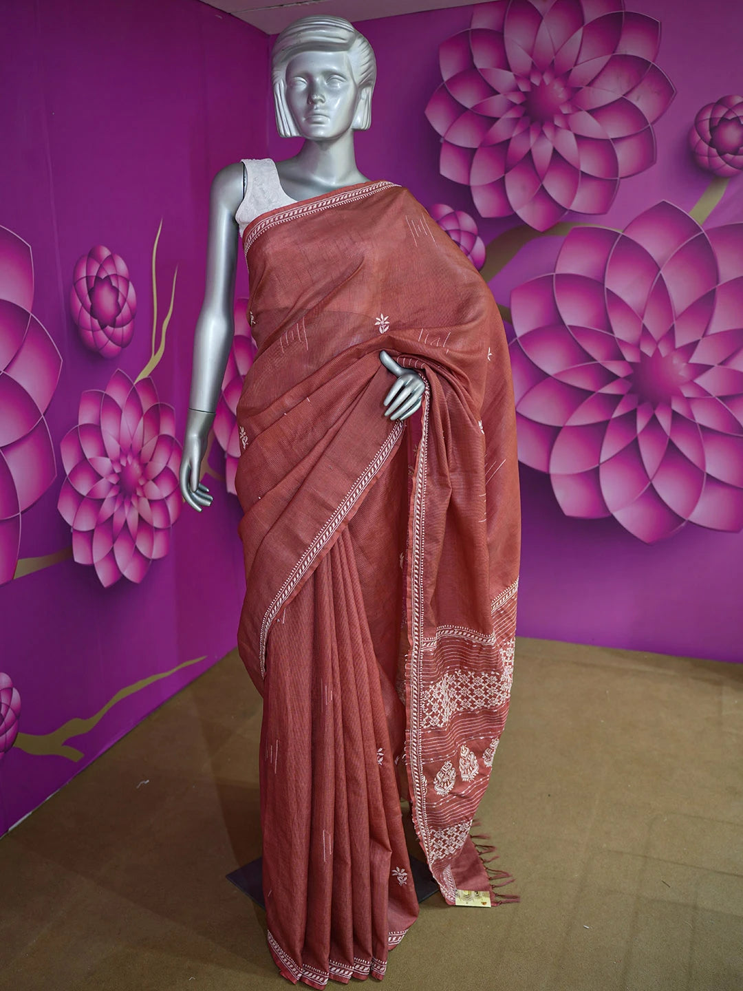 Ada Hand Embroidered Rust Silk Lucknowi Chikankari Saree With Blouse 01A376427