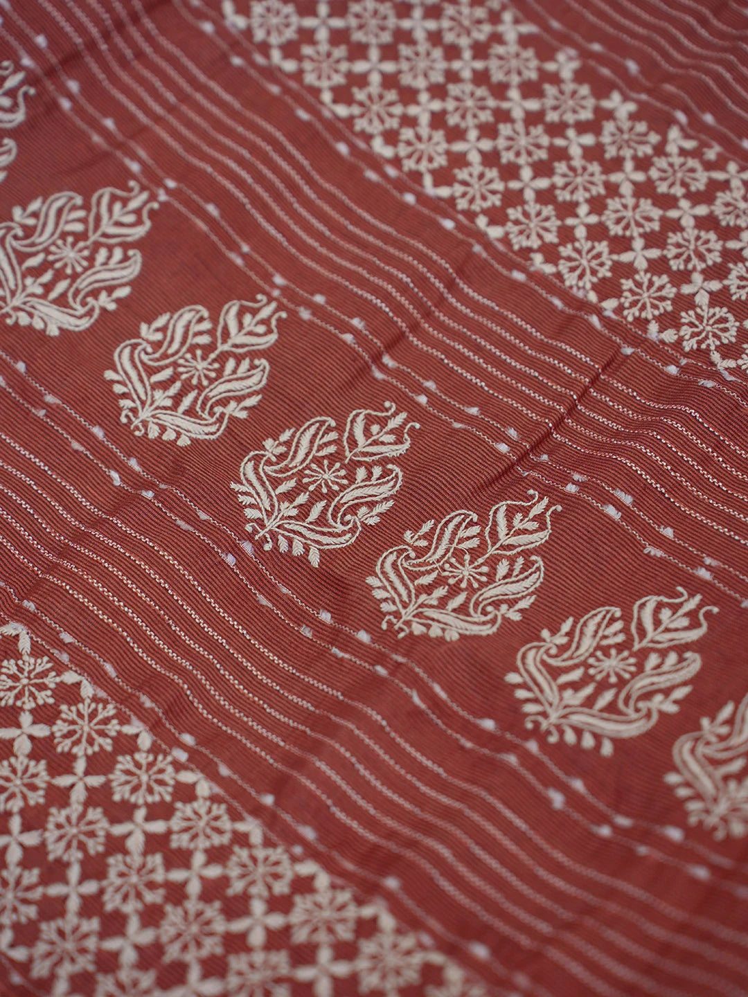 Ada Hand Embroidered Rust Silk Lucknowi Chikankari Saree With Blouse 01A376427