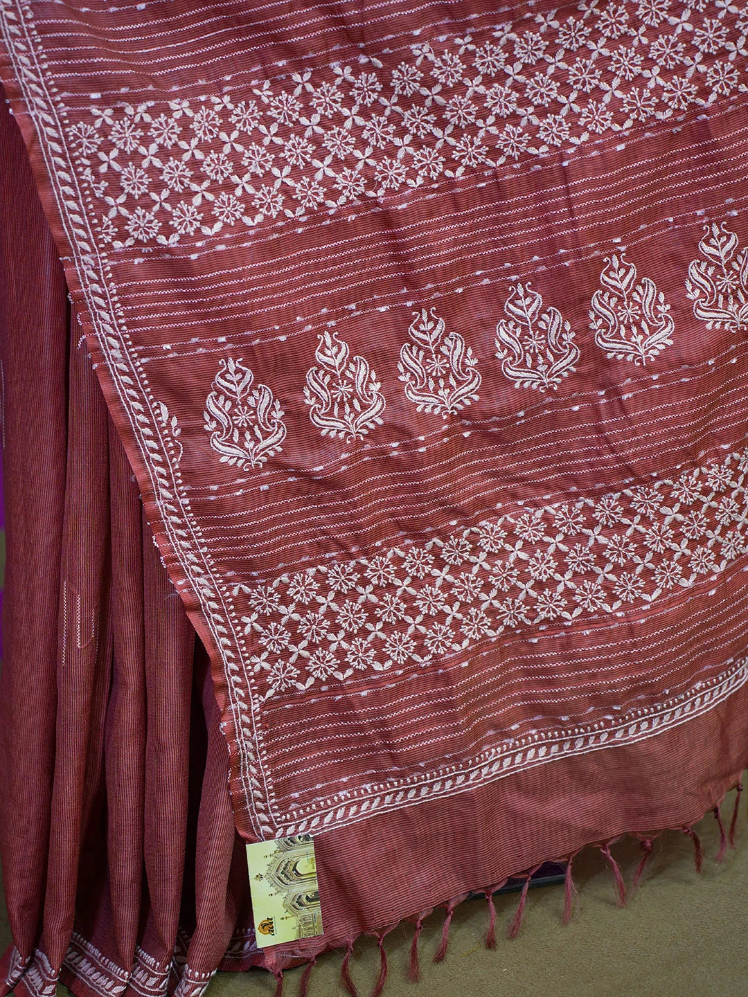 Ada Hand Embroidered Rust Silk Lucknowi Chikankari Saree With Blouse 01A376427